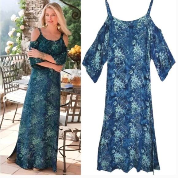Soft Surroundings Cold Shoulder Tropical Batik Print Maxi Dress Floral Blue L - Picture 1 of 11